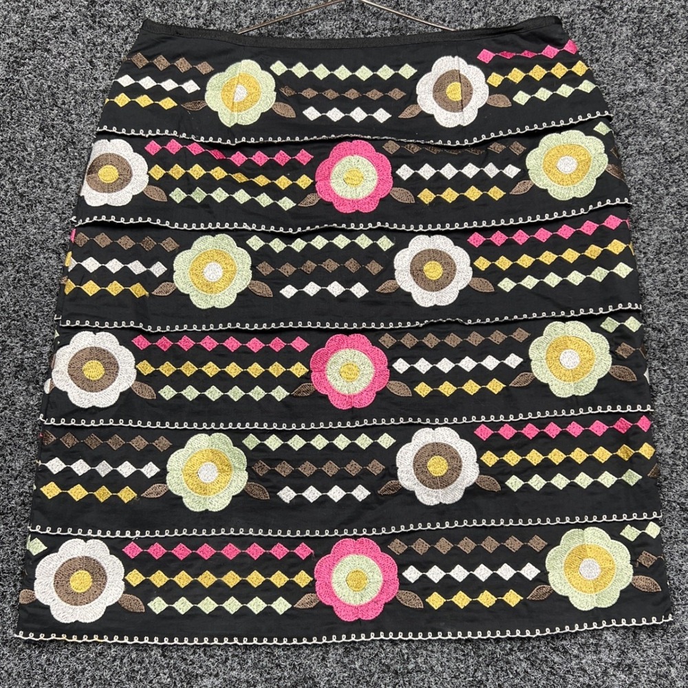 Etcetera Skirt Womens 6 Black Floral Embroidered Tiered Cotton Mini Boho Chic